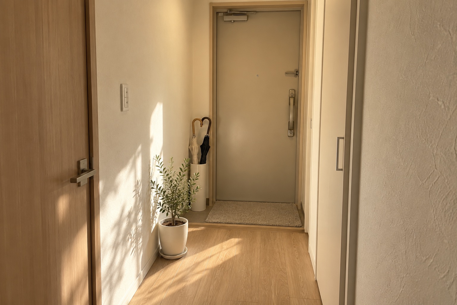 生成りの壁と木の扉があるマンションの入口